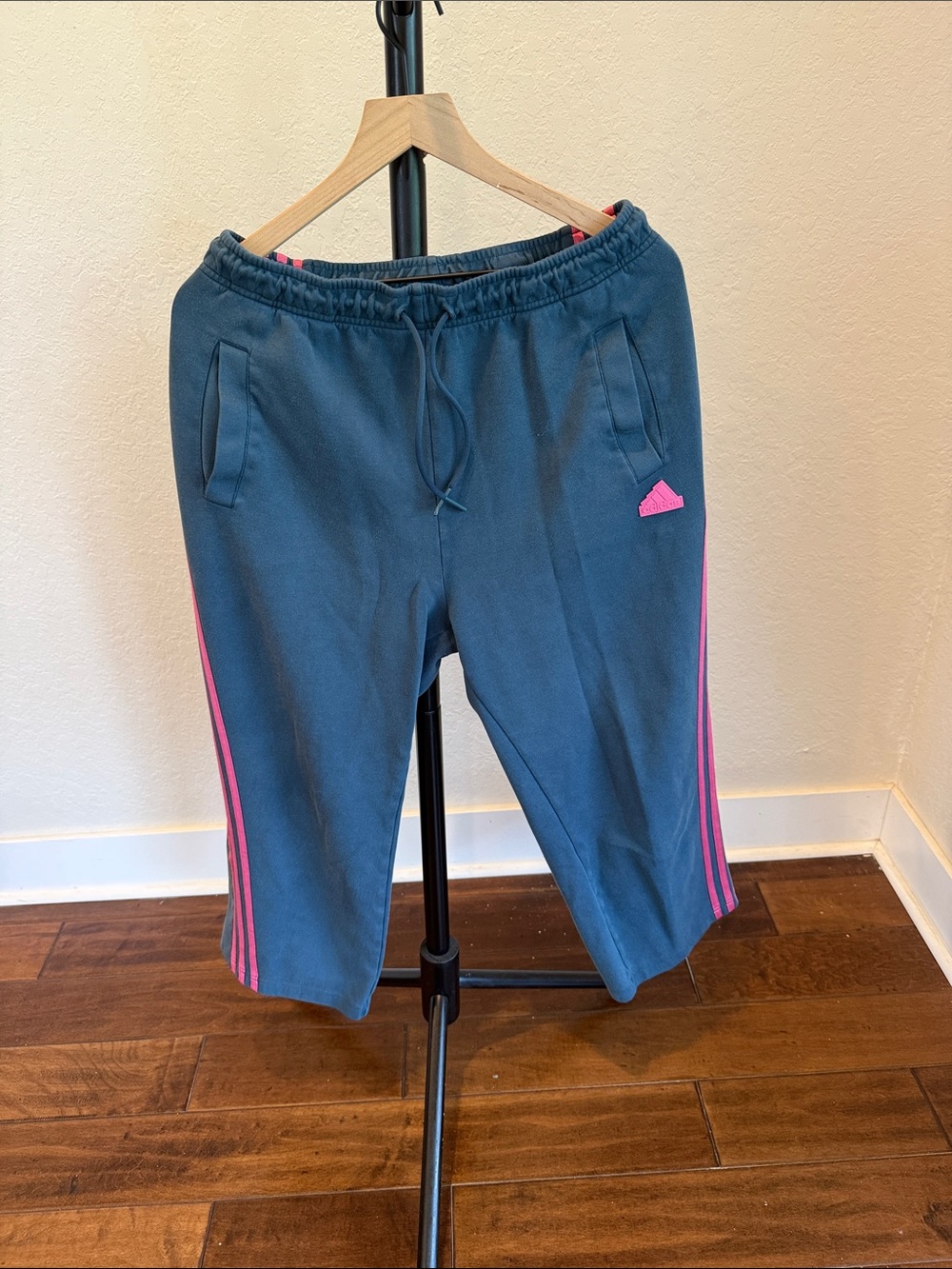 adidas Blue Track Pants with Pink Stripes